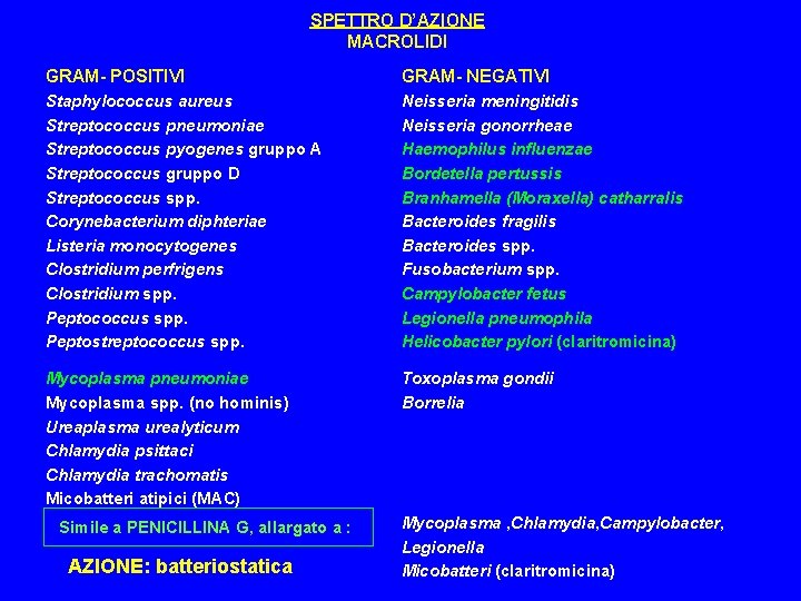 SPETTRO D’AZIONE MACROLIDI GRAM- POSITIVI GRAM- NEGATIVI Staphylococcus aureus Streptococcus pneumoniae Streptococcus pyogenes gruppo