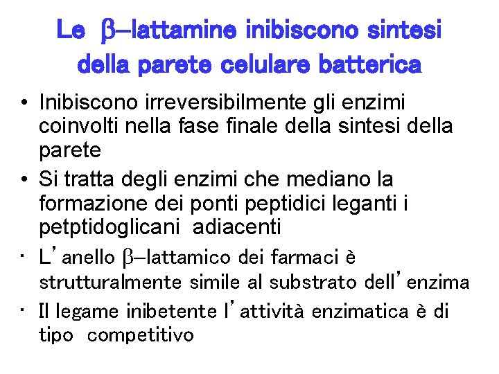 Le -lattamine inibiscono sintesi della parete celulare batterica • Inibiscono irreversibilmente gli enzimi coinvolti