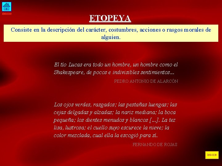 INICIO ETOPEYA Consiste en la descripción del carácter, costumbres, acciones o rasgos morales de