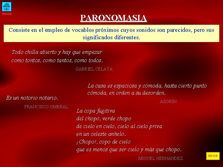 INICIO PARONOMASIA Consiste en el empleo de vocablos próximos cuyos sonidos son parecidos, pero