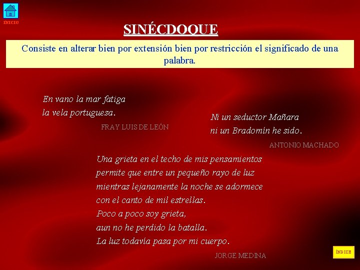 INICIO SINÉCDOQUE Consiste en alterar bien por extensión bien por restricción el significado de