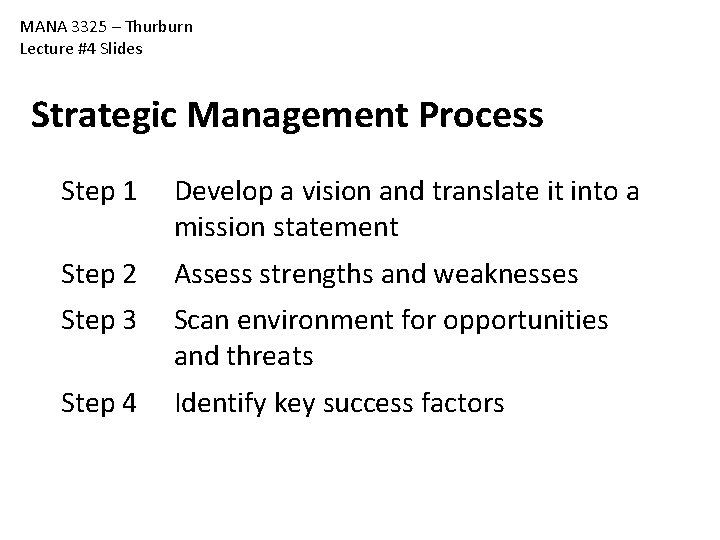 MANA 3325 – Thurburn Lecture #4 Slides Strategic Management Process Step 1 Develop a MANA 3325 – Thurburn Lecture #4 Slides Strategic Management Process Step 1 Develop a