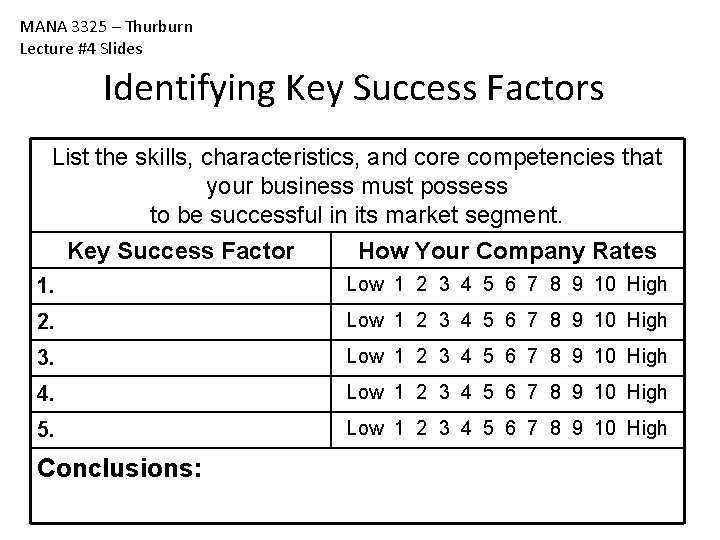 MANA 3325 – Thurburn Lecture #4 Slides Identifying Key Success Factors List the skills, MANA 3325 – Thurburn Lecture #4 Slides Identifying Key Success Factors List the skills,