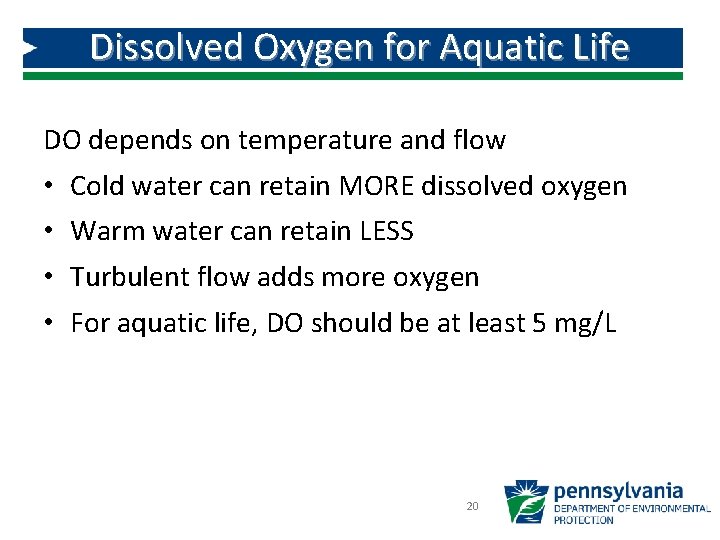 Dissolved Oxygen for Aquatic Life DO depends on temperature and flow • • Cold