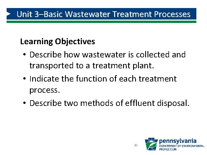Unit 3–Basic Wastewater Treatment Processes Learning Objectives • Describe how wastewater is collected and