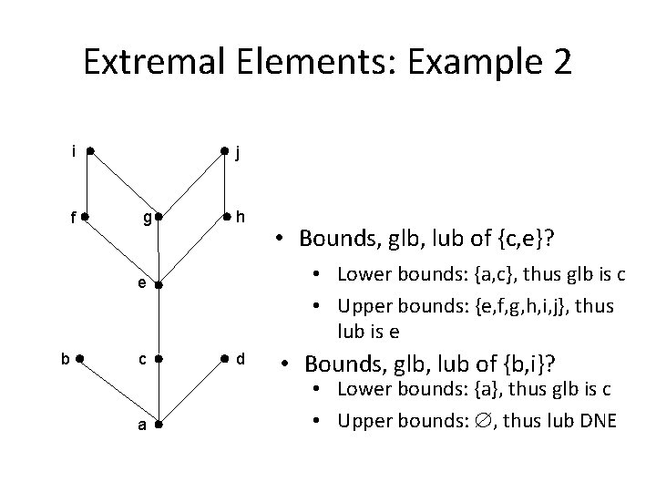 Extremal Elements: Example 2 i f j g h • Lower bounds: {a, c},