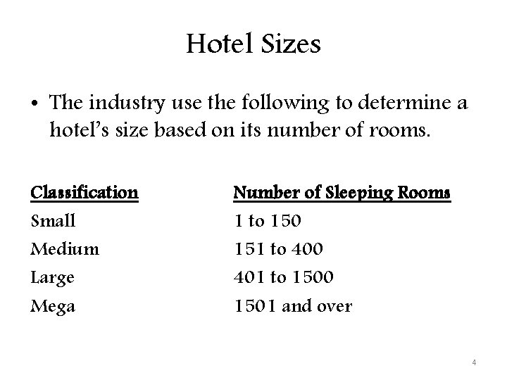 Hotel Sizes • The industry use the following to determine a hotel’s size based