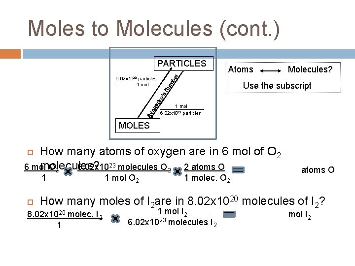 Moles to Molecules (cont. ) Molecules? ’s Nu m Use the subscript Av og