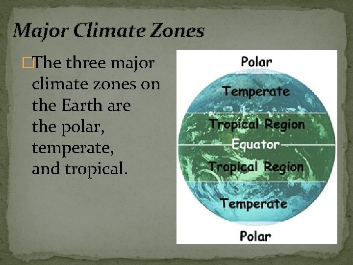 Major Climate Zones �The three major climate zones on the Earth are the polar,