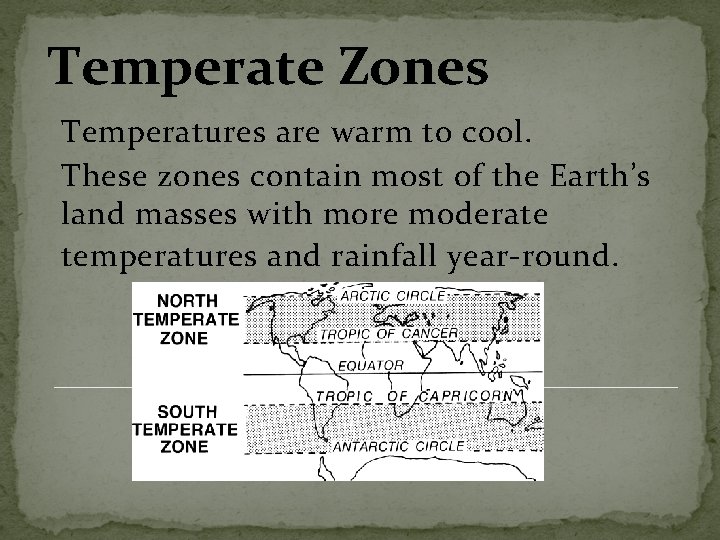 Temperate Zones Temperatures are warm to cool. These zones contain most of the Earth’s