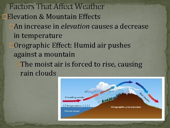 Factors That Affect Weather �Elevation & Mountain Effects �An increase in elevation causes a