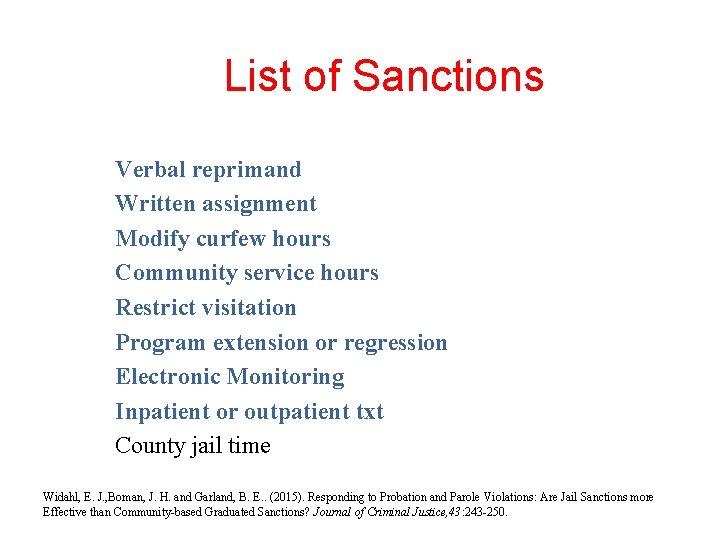 List of Sanctions Verbal reprimand Written assignment Modify curfew hours Community service hours Restrict