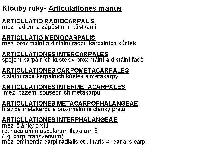 Klouby ruky- Articulationes manus ARTICULATIO RADIOCARPALIS mezi radiem a zápěstními kůstkami ARTICULATIO MEDIOCARPALIS mezi