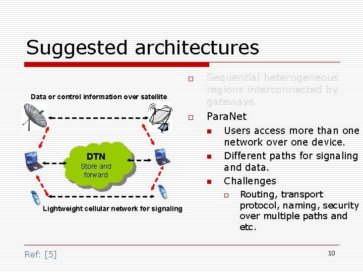 Suggested architectures o Data or control information over satellite o Sequential heterogeneous regions interconnected