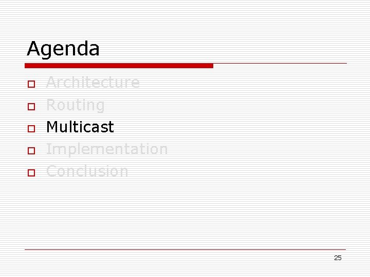 Agenda o o o Architecture Routing Multicast Implementation Conclusion 25 