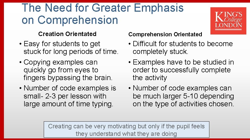 The Need for Greater Emphasis on Comprehension Creation Orientated • Easy for students to