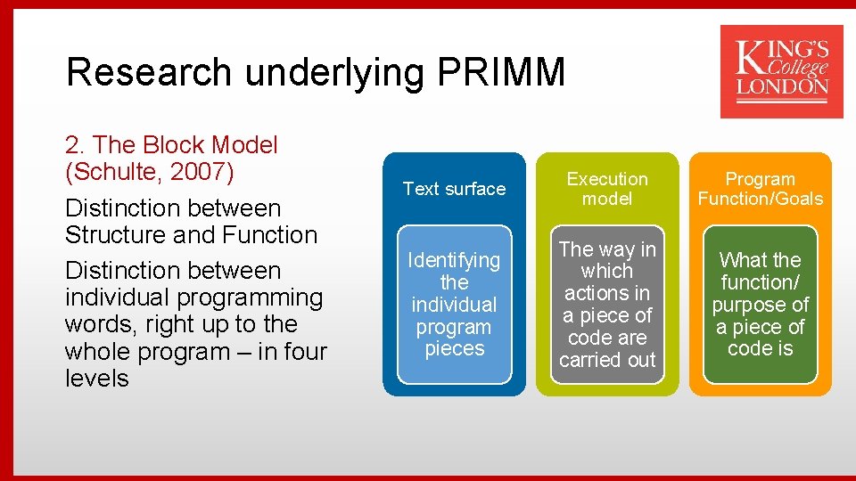 Research underlying PRIMM 2. The Block Model (Schulte, 2007) Distinction between Structure and Function