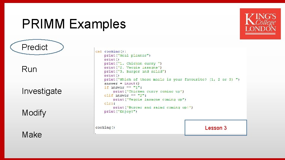 PRIMM Examples Predict Run Investigate Modify Make Lesson 3 