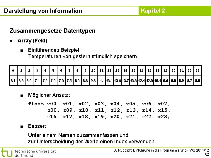 Kapitel 2 Darstellung von Information Zusammengesetze Datentypen ● Array (Feld) ■ Einführendes Beispiel: Temperaturen