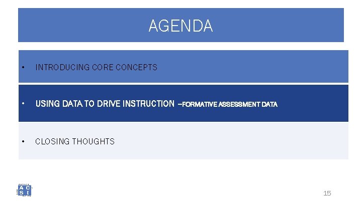 AGENDA • INTRODUCING CORE CONCEPTS • USING DATA TO DRIVE INSTRUCTION –FORMATIVE ASSESSMENT DATA