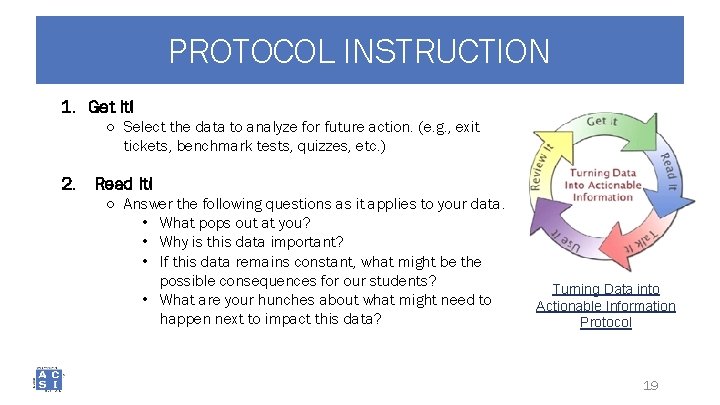 PROTOCOL INSTRUCTION 1. Get It! ○ Select the data to analyze for future action.