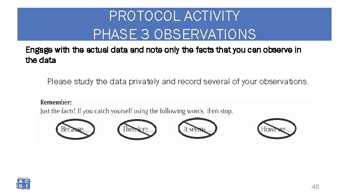 PROTOCOL ACTIVITY PHASE 3 OBSERVATIONS Engage with the actual data and note only the