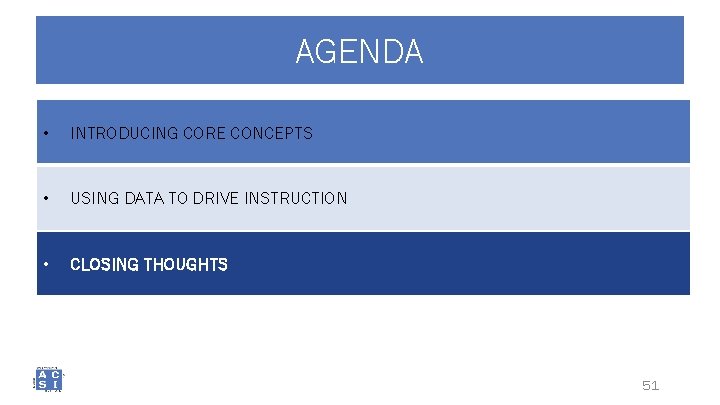 AGENDA • INTRODUCING CORE CONCEPTS • USING DATA TO DRIVE INSTRUCTION • CLOSING THOUGHTS