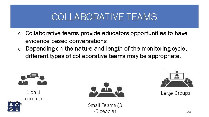 COLLABORATIVE TEAMS o Collaborative teams provide educators opportunities to have evidence based conversations. o