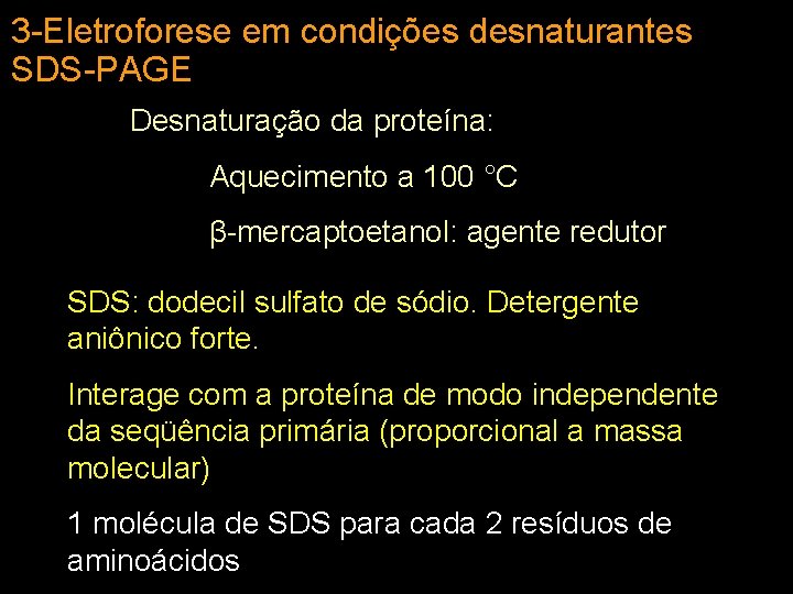 3 -Eletroforese em condições desnaturantes SDS-PAGE Desnaturação da proteína: SDS-PAGE Aquecimento a 100 °C