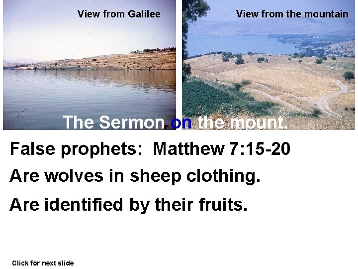 View from Galilee View from the mountain The Sermon on the mount. False prophets: