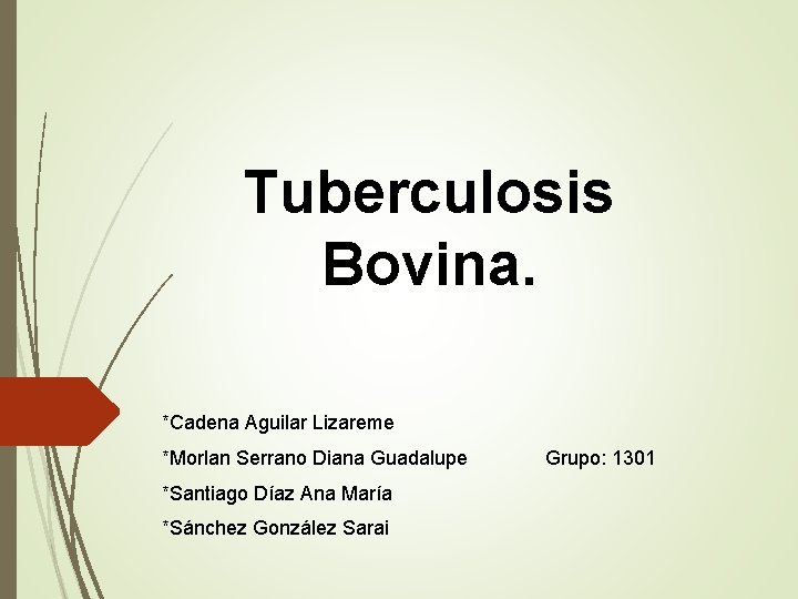 Tuberculosis Bovina. *Cadena Aguilar Lizareme *Morlan Serrano Diana Guadalupe Grupo: 1301 *Santiago Díaz Ana