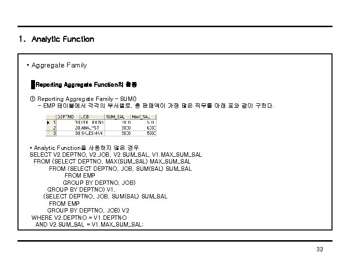 1. Analytic Function • Aggregate Family Reporting Aggregate Function의 활용 ① Reporting Aggregate Family