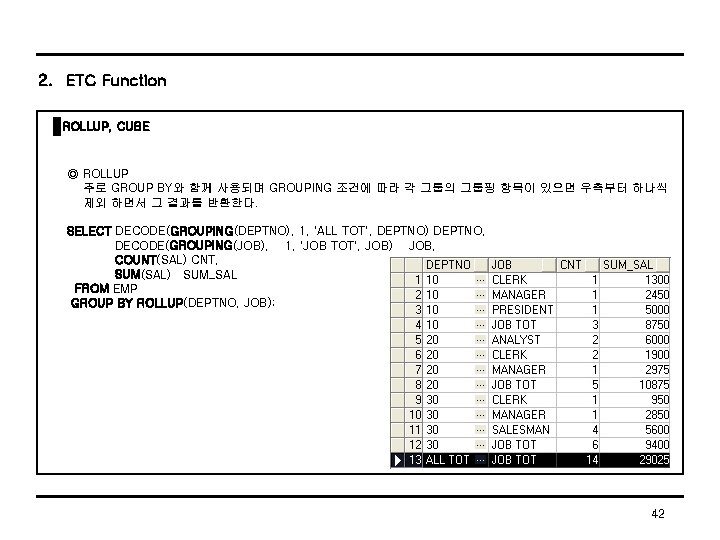2. ETC Function ROLLUP, CUBE ◎ ROLLUP 주로 GROUP BY와 함께 사용되며 GROUPING 조건에