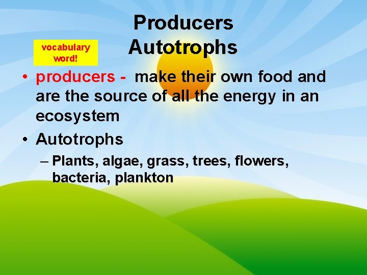 vocabulary word! Producers Autotrophs • producers - make their own food and are the