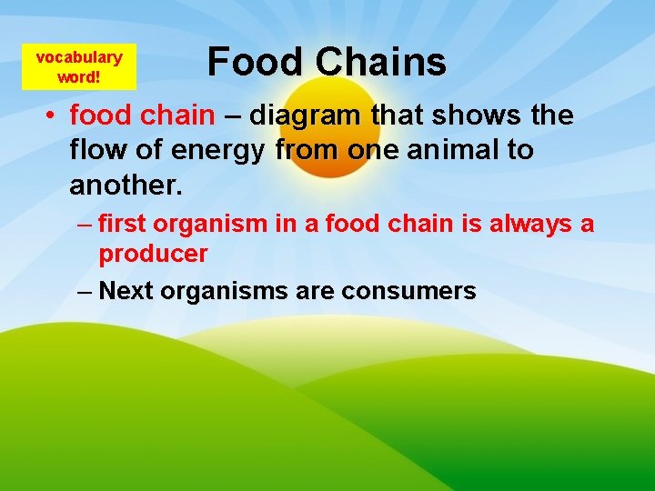 vocabulary word! Food Chains • food chain – diagram that shows the flow of