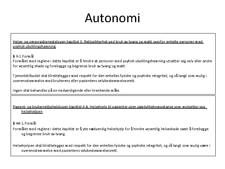 Autonomi Helse- og omsorgstjenesteloven kapittel 9. Rettssikkerhet ved bruk av tvang og makt overfor