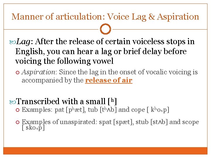 Manner of articulation: Voice Lag & Aspiration Lag: After the release of certain voiceless Manner of articulation: Voice Lag & Aspiration Lag: After the release of certain voiceless