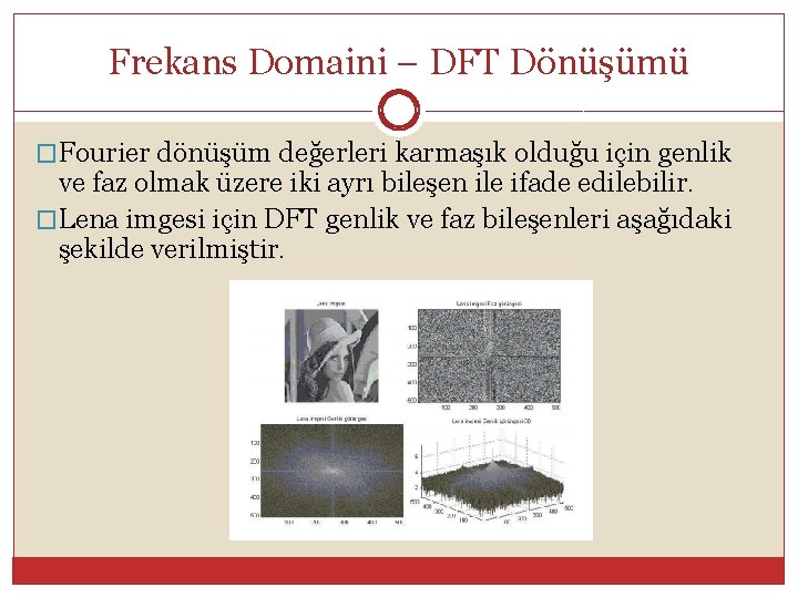 Frekans Domaini – DFT Dönüşümü �Fourier dönüşüm değerleri karmaşık olduğu için genlik ve faz