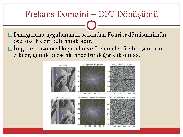 Frekans Domaini – DFT Dönüşümü � Damgalama uygulamaları açısından Fourier dönüşümünün bazı özellikleri bulunmaktadır.