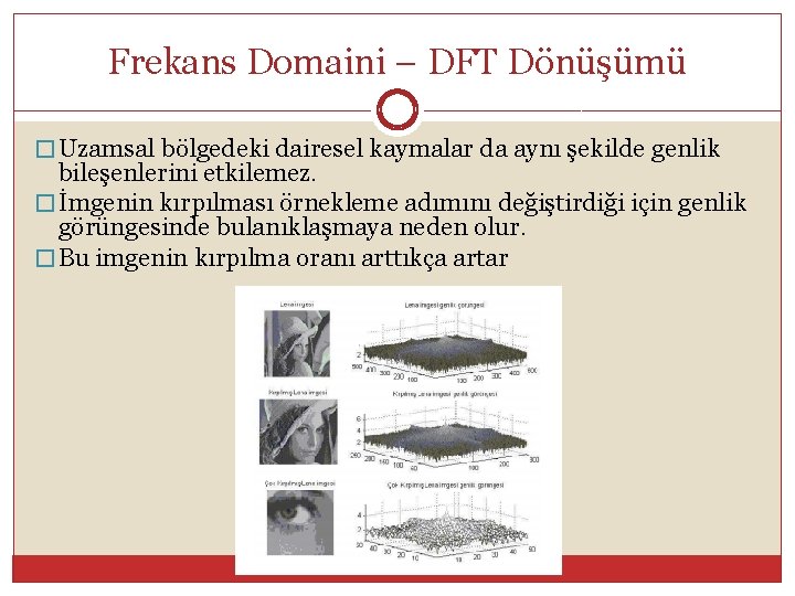Frekans Domaini – DFT Dönüşümü � Uzamsal bölgedeki dairesel kaymalar da aynı şekilde genlik