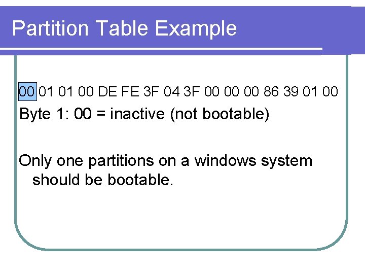Partition Table Example 00 01 01 00 DE FE 3 F 04 3 F