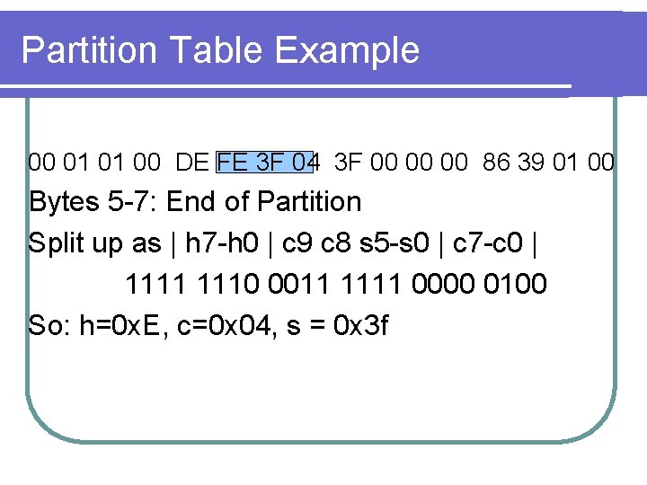 Partition Table Example 00 01 01 00 DE FE 3 F 04 3 F