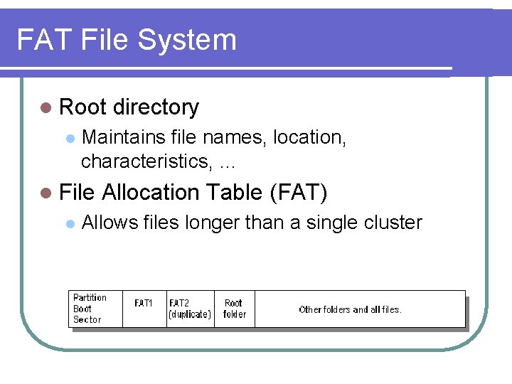 FAT File System l Root l Maintains file names, location, characteristics, … l File