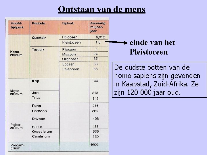 Ontstaan van de mens einde van het Pleistoceen De oudste botten van de homo