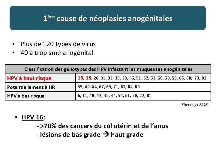 1ère cause de néoplasies anogénitales • Plus de 120 types de virus • 40