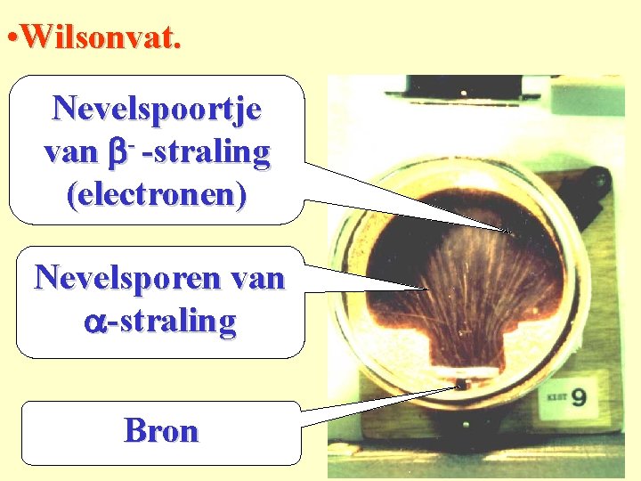  • Wilsonvat. Nevelspoortje van b- -straling (electronen) Nevelsporen van a-straling Bron 