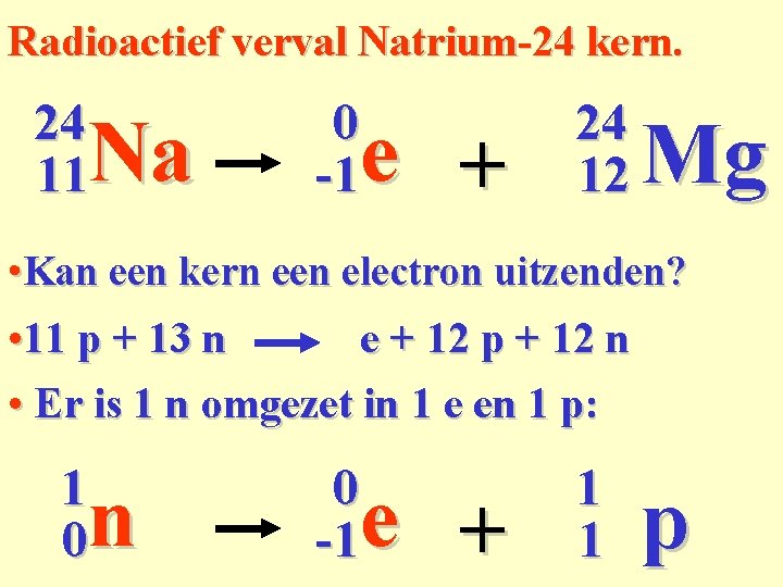 Radioactief verval Natrium-24 kern. 24 11 Na 0 -1 e + 24 12 Mg