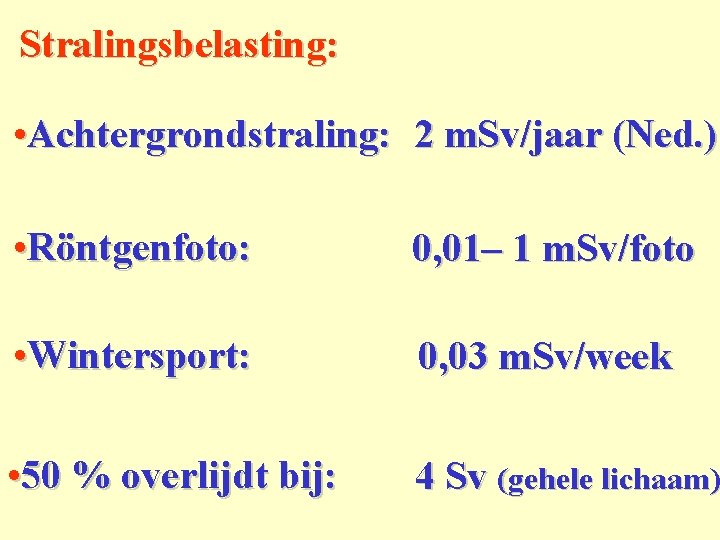 Stralingsbelasting: • Achtergrondstraling: 2 m. Sv/jaar (Ned. ) • Röntgenfoto: 0, 01– 1 m.