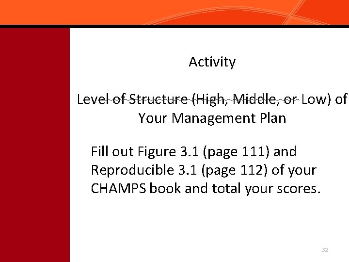 Activity Level of Structure (High, Middle, or Low) of Your Management Plan Fill out
