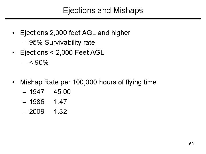 Ejections and Mishaps • Ejections 2, 000 feet AGL and higher – 95% Survivability